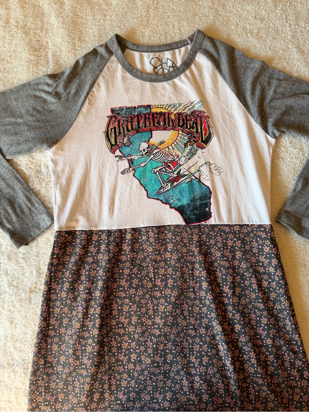 Grateful Dead Custom Maxi Dress with Floral Skirt and LS Baseball Tee